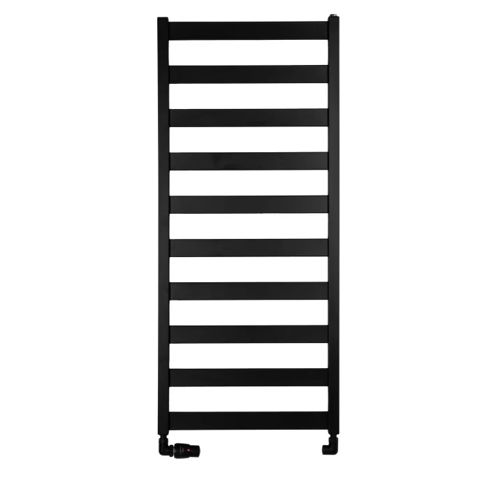Grzejnik łazienkowy Terma Leda. Grzejnik wąski o szerokości 50cm i wysokości 115cm, kolor czarny, z podłączeniem dolnym o rozsta