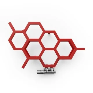 Grzejnik dekoracyjny Hex o wymiarach 42x71 koloru czerwonego, z dopasowanym zaworem termostatycznym zespolonym Multiflow chrom, 