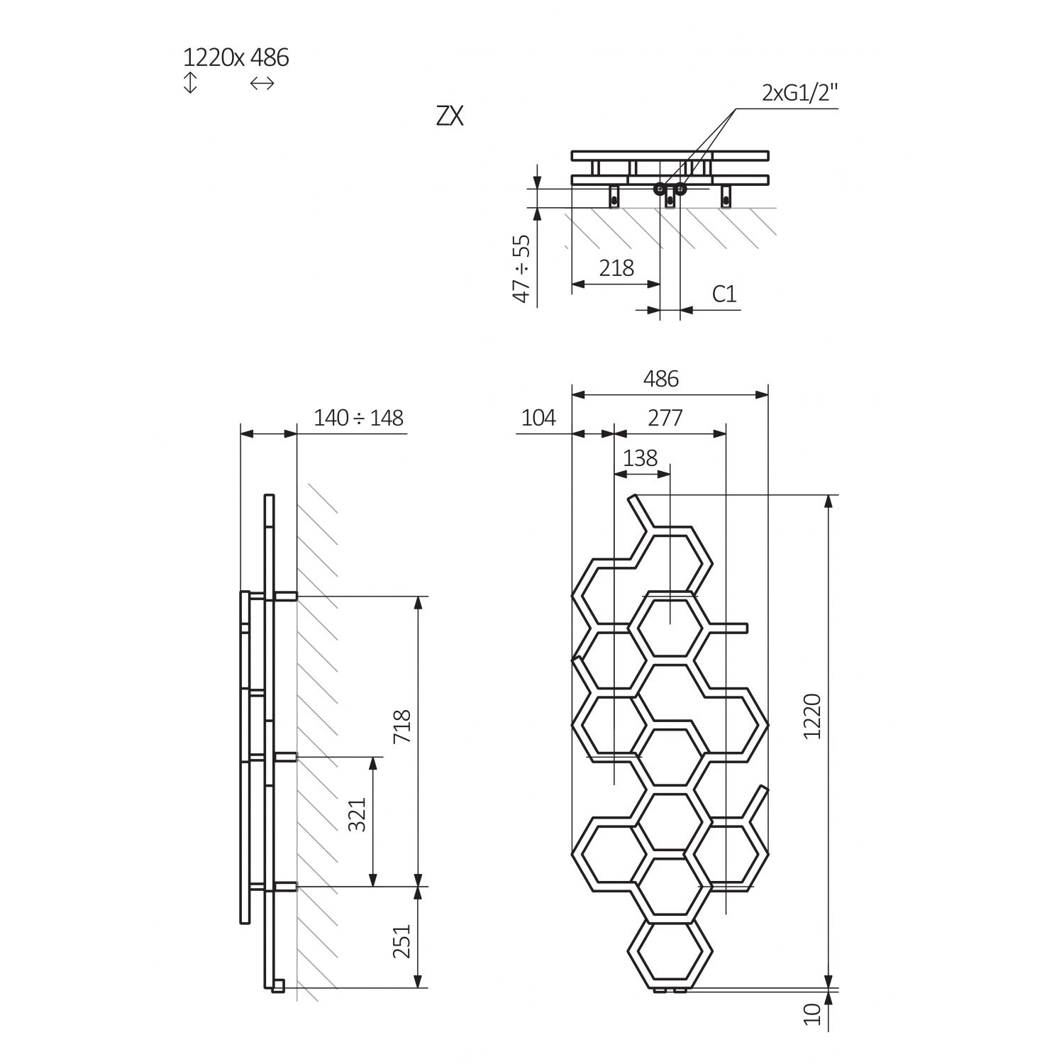 Rysunek techniczny z grzejnikiem Tex 122x48 czarnym. Rysunek techniczny z grzejnikiem Tex 122x48 czarnym.