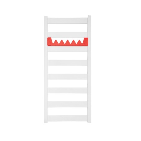 Grzejnik łazienkowy Terma Leda. Grzejnik wąski o szerokości 40cm i wysokości 91cm, kolor biały, z podłączeniem dolnym o rozstawie 370mm z czerwonym relingiem Happy Shark