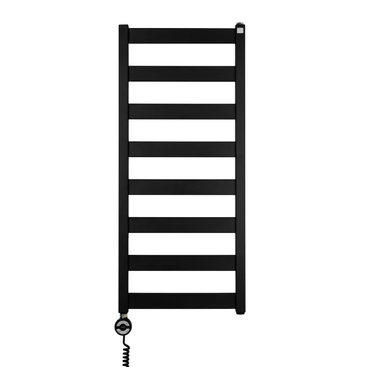 Grzejnik łazienkowy elektryczny Terma Leda. Grzejnik wąski o szerokości 40cm i wysokości 91cm, kolor czarny mat. Z lewej strony 