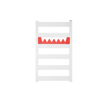 Grzejnik łazienkowy Terma Leda. Grzejnik wąski o szerokości 40cm i wysokości 67cm, kolor biały mat, z podłączeniem dolnym o rozstawie 370mm, z relingiem Happy Shark w kolorze czerwonym