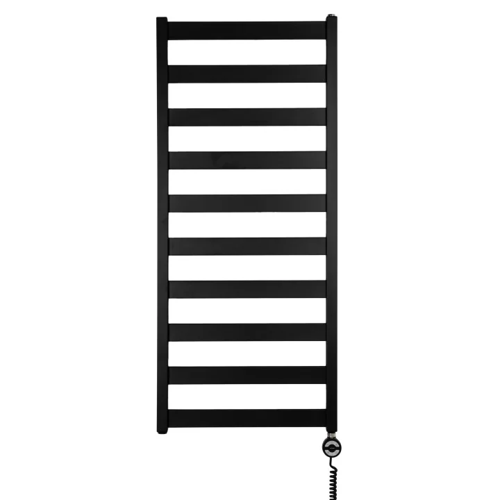 Grzejnik łazienkowy elektryczny Terma Leda o wymiarach 115x50cm w kolorze czarnym matowym. Z prawej strony zamontowana czarna gr