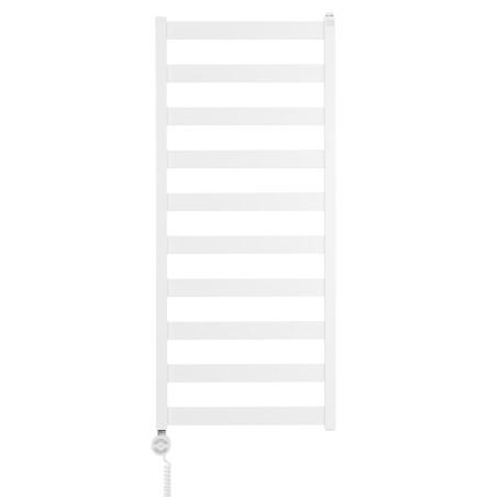 Grzejnik łazienkowy elektryczny Terma Leda o wymiarach 115x50cm w kolorze białym. Z lewej strony zamontowana biała grzałḱa elektryczna Moa o mocy 400W