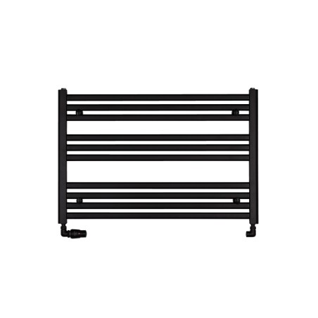 Grzejnik łazienkowy poziomy Intention o wymiarach 60x90cm w kolorze czarnym z zamontowanym zestawem zaworów termostatycznych Vario Term Vision czarnych w figurze osiowej lewej.