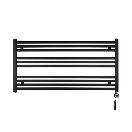 Grzejnik łazienkowy poziomy Intention o wymiarach 60x120cm w kolorze czarnym z zamontowaną z prawej strony grzałką Terma Moa czarną o mocy 600W
