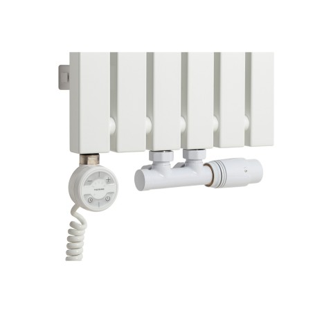Grzałka MOA 600W w kolorze białym oraz zawór termostatyczny zespolony Multiflow biały w figurze kątowej prawej, dopasowane do grzejnika dekoracyjnego Advantage 180x29 białego.