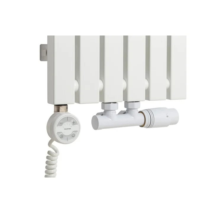 Grzałka MOA 600W w kolorze białym oraz zawór termostatyczny zespolony Multiflow biały w figurze kątowej prawej, dopasowane do gr