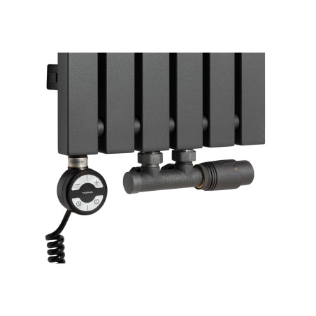 Grzałka MOA 600W w kolorze czarnym oraz zawór termostatyczny zespolony Multiflow grafit w figurze kątowej prawej, dopasowane do grzejnika dekoracyjnego Advantage 180x29 grafitowego.