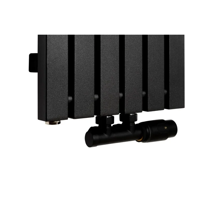 Zawór termostatyczny Multiflow czarny, figura kątowa prawa podłączony do grzejnika dekoracyjnego Advantage 180x29 w kolorze czar