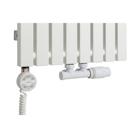 Grzałka MOA 800W w kolorze białym oraz zawór termostatyczny zespolony Multiflow biały w figurze kątowej prawej, dopasowane do grzejnika dekoracyjnego Advantage 180x39 białego.