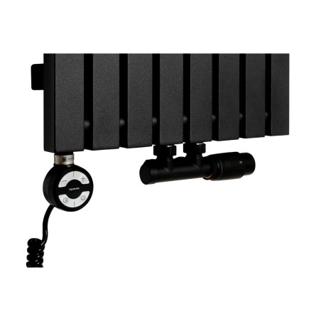 Grzałka MOA 800W w kolorze czarnym oraz zawór termostatyczny zespolony Multiflow czarny w figurze kątowej prawej, dopasowane do grzejnika dekoracyjnego Advantage 180x39 czarnego.