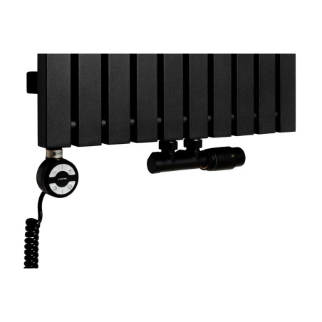 Grzałka MOA 1000W w kolorze czarnym oraz zawór termostatyczny zespolony Multiflow czarny w figurze kątowej prawej, dopasowane do grzejnika dekoracyjnego Advantage 180x49 czarnego.