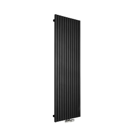 Grzejnik dekoracyjny Advantage 180x59 czarny, z zamontowanym zaworem termostatycznym zespolonym Twins w kolorze chrom, w figurze kątowej prawej.