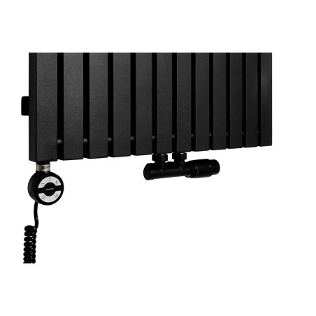 Grzałka MOA 1200W w kolorze czarnym oraz zawór termostatyczny zespolony Multiflow czarny w figurze kątowej prawej, dopasowane do grzejnika dekoracyjnego Advantage 180x59 czarnego.