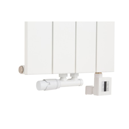 Zawór termostatyczny Multiflow w kolorze białym w figurze lewej, oraz grzałka KTX4 600W biała podłączone do grzejnika dekoracyjnego Drama 180x37 białego. 