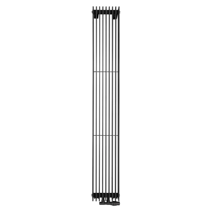 Grzejnik dekoracyjny pionowy Samum , o wymiarach 180x25 w kolorze grafit, z dopasowanym kolorystycznie zaworem termostatycznym z
