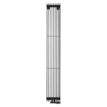Grzejnik dekoracyjny pionowy Samum , o wymiarach 180x25 w kolorze grafit, z dopasowanym kolorystycznie zaworem termostatycznym zespolonym Twins, w figurze kątowej prawej.