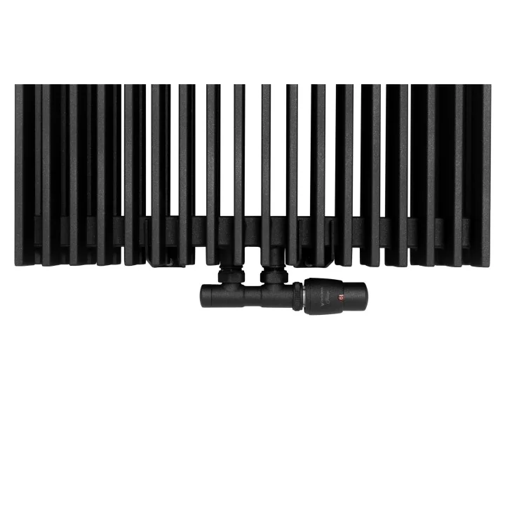 Zawór termostatyczny zespolony Twins grafit, w figurze kątowej prawej, dopasowany do grzejnika dekoracyjnego Samum 2, o wymiarac