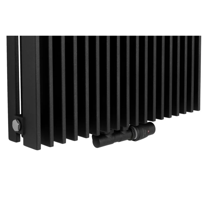 Zawór termostatyczny zespolony Twins grafit, w figurze kątowej prawej, dopasowany do grzejnika dekoracyjnego Samum 2, o wymiarac