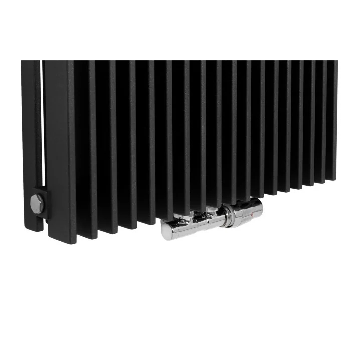 Zawór termostatyczny zespolony Twins chrom, w figurze kątowej prawej, dopasowany do grzejnika dekoracyjnego Samum 2, o wymiarach