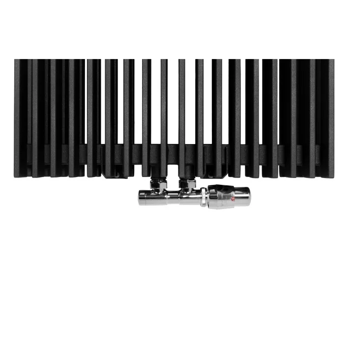 Zawór termostatyczny zespolony Twins chrom, w figurze kątowej prawej, dopasowany do grzejnika dekoracyjnego Samum 2, o wymiarach