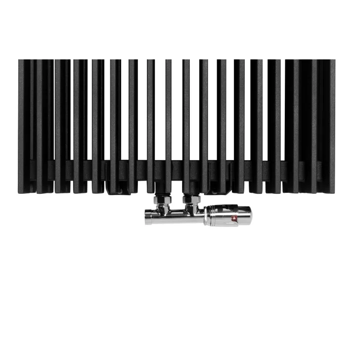 Zawór termostatyczny zespolony Multiflow chrom, w figurze kątowej prawej, dopasowany do grzejnika dekoracyjnego Samum 2, o wymia