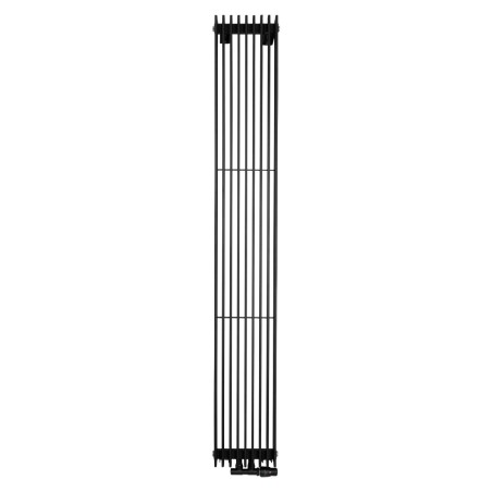 Grzejnik dekoracyjny pionowy Samum 1, o wymiarach 180x25 w kolorze czarnego matu, z dopasowanym kolorystycznie zaworem termostatycznym zespolonym Twins, w figurze kątowej prawej.
