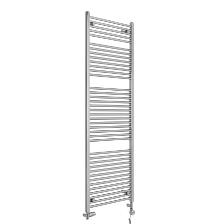 Grzejnik łazienkowy chromowany Constans 180x60, z dopasowanym kolorystycznie zestawem termostatycznym Integra w figurze lewej, grzałką MOA 300W chrom, oraz z przymocowanymi wieszakami MH.