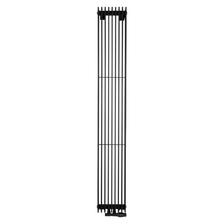 Grzejnik dekoracyjny pionowy Samum , o wymiarach 180x25 w kolorze czarnego matu, z dopasowanym kolorystycznie zaworem termostatycznym zespolonym Twins, w figurze kątowej prawej.