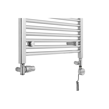 Zestaw termostatyczny Integra chrom w figurze kątowej prawej, oraz grzałka MOA 300W chrom, zamocowane na grzejniku łazienkowym chromowanym Constans 180x60.
