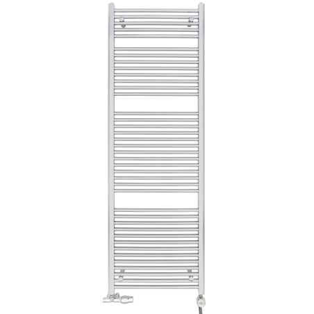 Grzejnik łazienkowy Constans 180x60 chrom, z podłączoną grzałką elektryczną MOA 300W w dopasowanym kolorze, oraz zestawem termostatycznym Unico w figurze prawej.