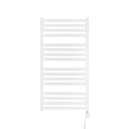 Grzejnik łazienkowy elektryczny o prostokątnych profilach Terma Moon. Wymiary 96x50cm, kolor biały z zamontowaną z prawej strony grzałką elektryczną Terma Moa w kolorze białym, o mocy 400W.