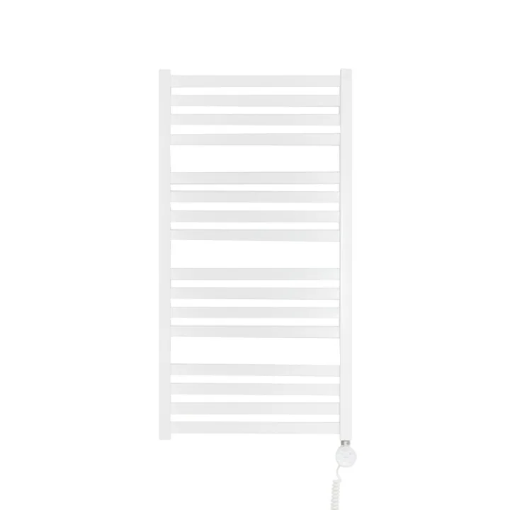Grzejnik łazienkowy elektryczny o prostokątnych profilach Terma Moon. Wymiary 96x50cm, kolor biały z zamontowaną z prawej strony