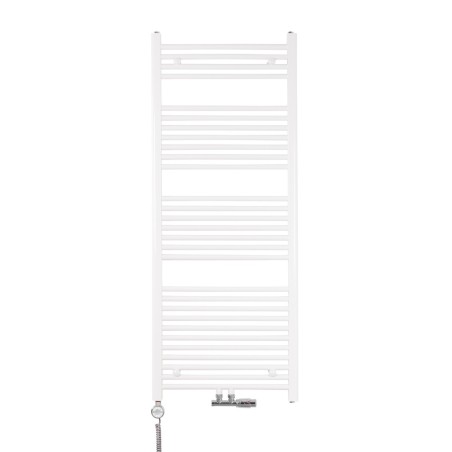 Grzejnik łazienkowy drabinkowy Constans 150x60cm biały z podłączeniem dolnym środkowym o rozstawie 50mm. wraz z zamontowanym zaworem zespolonym chromowanym Multiflow w figurze kątowej prawej oraz z grzałką elektryczną Terma Moa chromowaną, kabel spiralny szary.