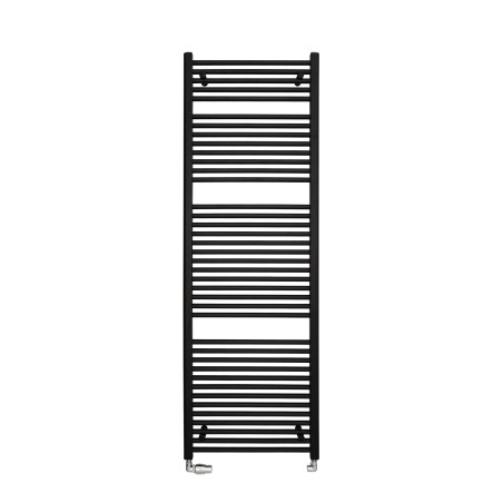 Grzejnik łazienkowy Constans o wymiarach 180x50 w kolorze czarnym z podłączonym zestawem termostatycznym Integra chrom w figurze lewej.