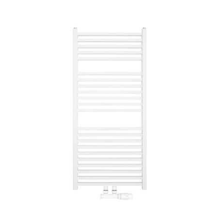 Nowoczesny grzejnik łazienkowy Essence w kolorze białym błyszczącym o wymiarach 110x50cm z podłączeniem dolnym środkowym o rozstawie 50mm. U dołu zamontowany zawór zespolony Multiflow w kolorze białym i figurze kątowej prawej.