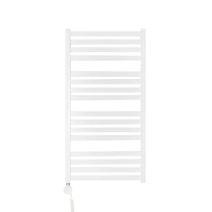 Grzejnik łazienkowy elektryczny o prostokątnych profilach Terma Moon. Wymiary 96x50cm, kolor biały z zamontowaną z lewej strony 