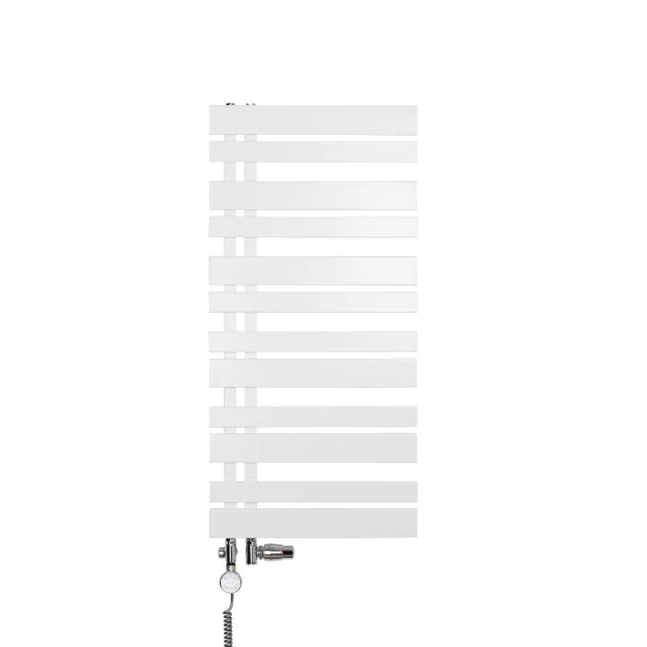 Grzejnik łazienkowy Pop Star Up o wymiarach 40x100cm w kolorze białym z zestawem zaworów Integra chrom, figura lewa oraz grzałką