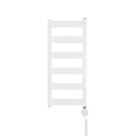 Grzejnik łazienkowy elektryczny Terma Leda. Grzejnik wąski o szerokości 30cm i wysokości 67cm, kolor biały. Z prawej strony zamontowana biała grzałḱa elektryczna Moa o mocy 200W