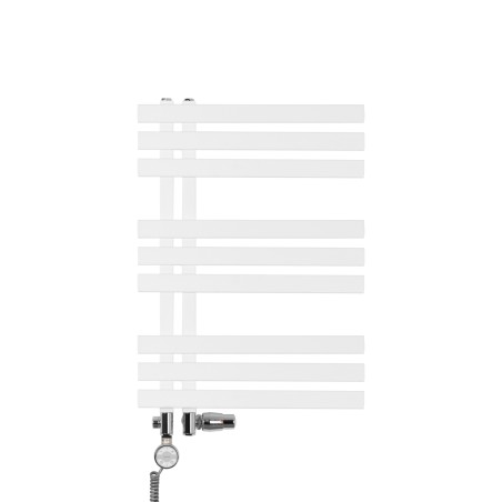 Grzejnik łazienkowy dekoracyjny Elche biały o wymiarach 69x50cm z zestawem termostatycznym Integra chrom oraz z grzałką Terma Moa chrom