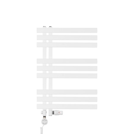 Grzejnik łazienkowy dekoracyjny Elche biały o wymiarach 69x50cm z zestawem termostatycznym Integra biała oraz z grzałką Terma Moa białą