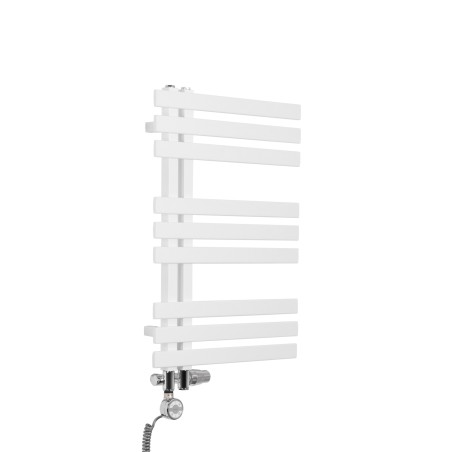 Grzejnik łazienkowy dekoracyjny Elche biały o wymiarach 69x50cm z zestawem termostatycznym Integra chrom oraz z grzałką Terma Moa chrom