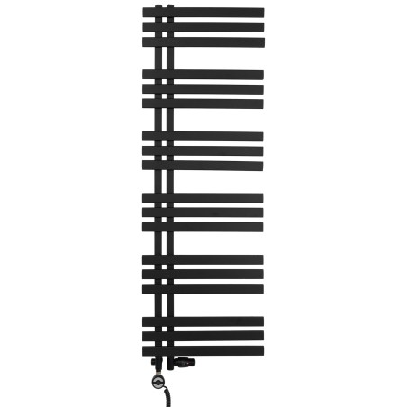 Grzejnik łazienkowy Elche 145x50cm czarny z zestawem termostatycznym w kolorze czarnym Integra figura kątowa prawa oraz z grzałką Terma Moa