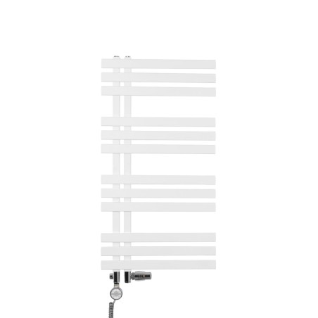 Grzejnik łazienkowy dekoracyjny Elche  biały o wymiarach 94x50cm z zestawem termostatycznym Integra chrom oraz z grzałką Terma Moa chrom