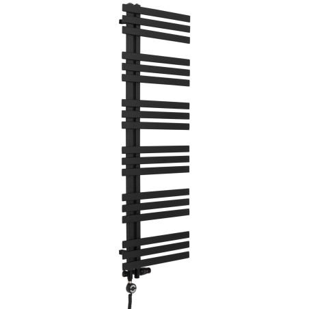 Grzejnik łazienkowy Elche 145x50cm czarny z zestawem termostatycznym w kolorze czarnym Integra figura kątowa prawa oraz z grzałką Terma Moa