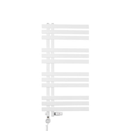 Grzejnik łazienkowy dekoracyjny Elche biały o wymiarach 94x50cm z zestawem termostatycznym Integra biała oraz z grzałką Terma Moa białą