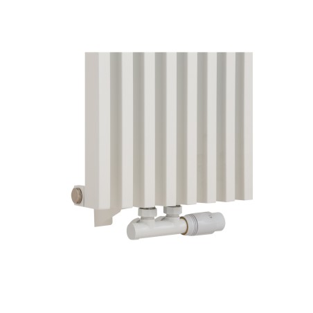 Zawór termostatyczny zespolony Multiflow biały, figura kątowa prawa, podłączony do grzejnika dekoracyjnego Diva 180x30 białego.