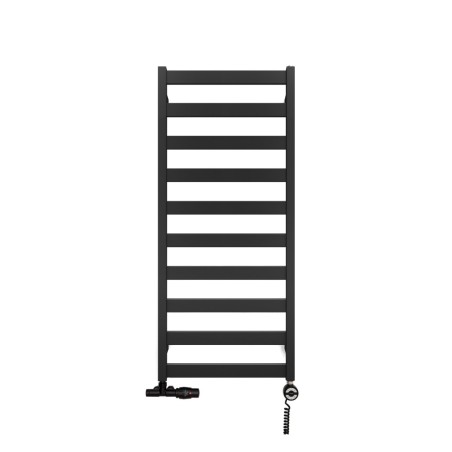 Grzejnik łazienkowy Terma Leda o wymiarach 115x50cm w kolorze czarnym matowym podłączenie dolne o rozstawie 470mm z zaworem zespolonym Unico z lewej strony i  z grzałką Terma Moa z prawej strony