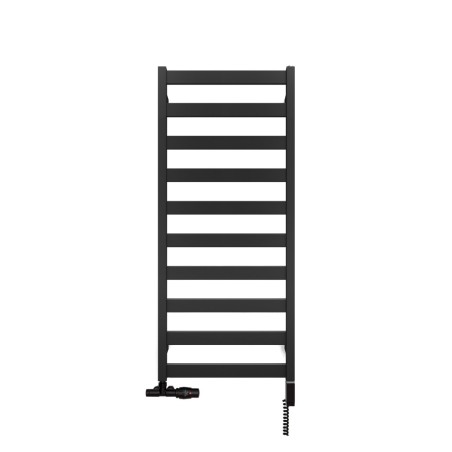 Grzejnik łazienkowy Terma Leda o wymiarach 115x50cm w kolorze czarnym matowym podłączenie dolne o rozstawie 470mm z zaworem zespolonym Unico z lewej strony i  z grzałką Terma One z prawej strony